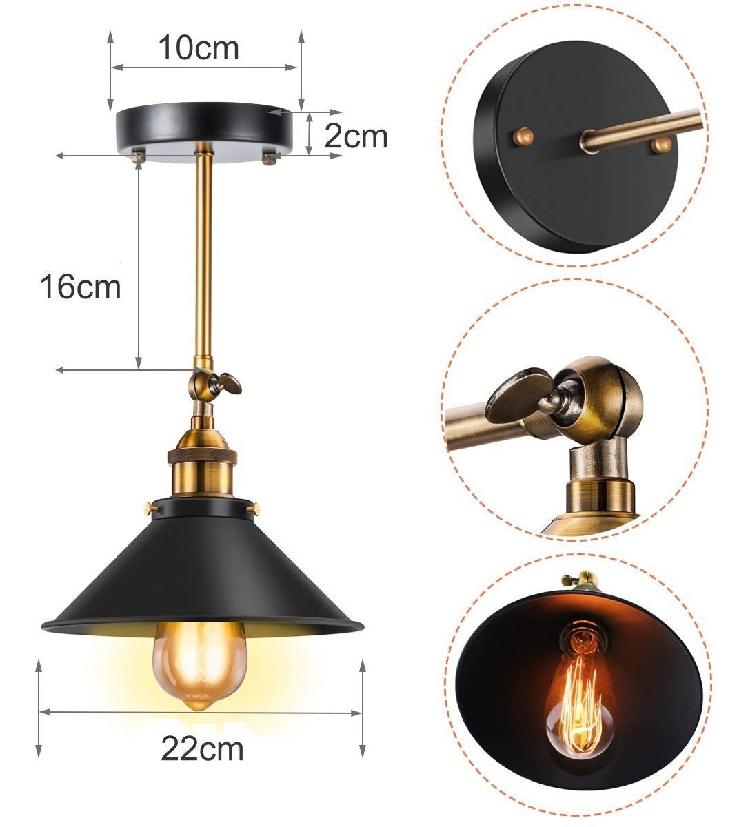 LAMPARA DE APLIQUE DE PARED VINTAGE CÓNICO CON BOMBILLO - Luz Ambiente Rústica con Estilo Industrial
