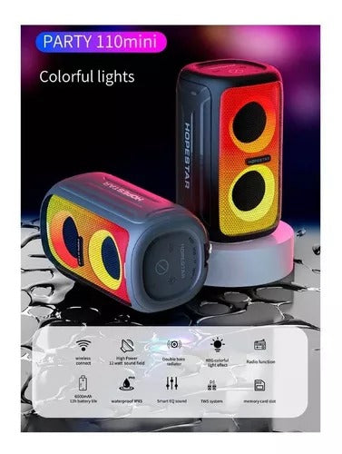 PARLANTE HOPESTAR JYC-20 / 110mini – 8W Dual + Luces LED + IPX5 + 6000mAh + Radio FM