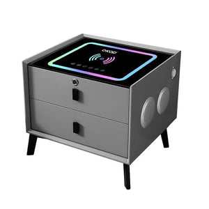 MESA DE NOCHE INTELIGENTE 5 en 1 – Carga Inalámbrica + Huella Dactilar + Bluetooth + Luz LED + Cristal Templado