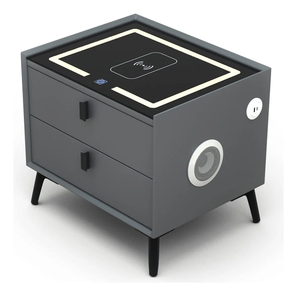 MESA DE NOCHE INTELIGENTE 5 en 1 – Carga Inalámbrica + Huella Dactilar + Bluetooth + Luz LED + Cristal Templado