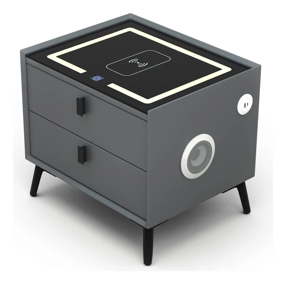 MESA DE NOCHE INTELIGENTE 5 en 1 – Carga Inalámbrica + Huella Dactilar + Bluetooth + Luz LED + Cristal Templado