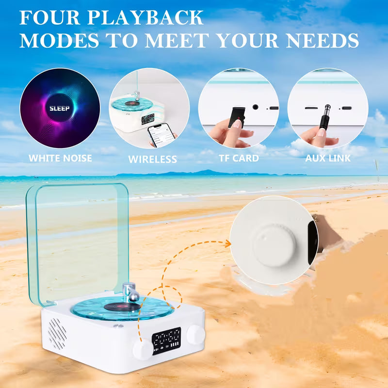 REPRODUCTOR DE VINILO WAVES – Altavoz Bluetooth + Luces RGB + Sonido Oceánico | Diseño Olas Marinas