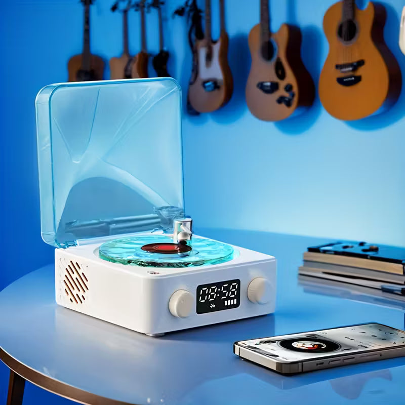 REPRODUCTOR DE VINILO WAVES – Altavoz Bluetooth + Luces RGB + Sonido Oceánico | Diseño Olas Marinas