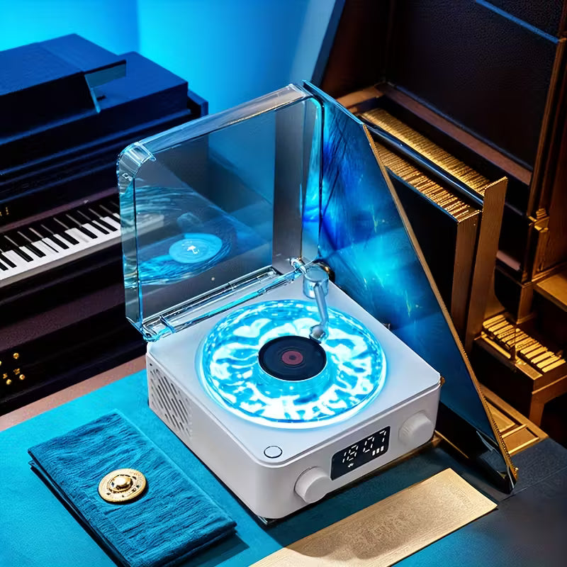 REPRODUCTOR DE VINILO WAVES – Altavoz Bluetooth + Luces RGB + Sonido Oceánico | Diseño Olas Marinas