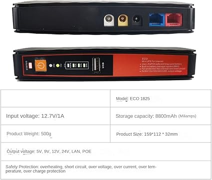 MINI UPS DC 8000mAh para Router, Módem y Cámaras – Respaldo hasta 5 horas | Multivoltaje + PoE + USB