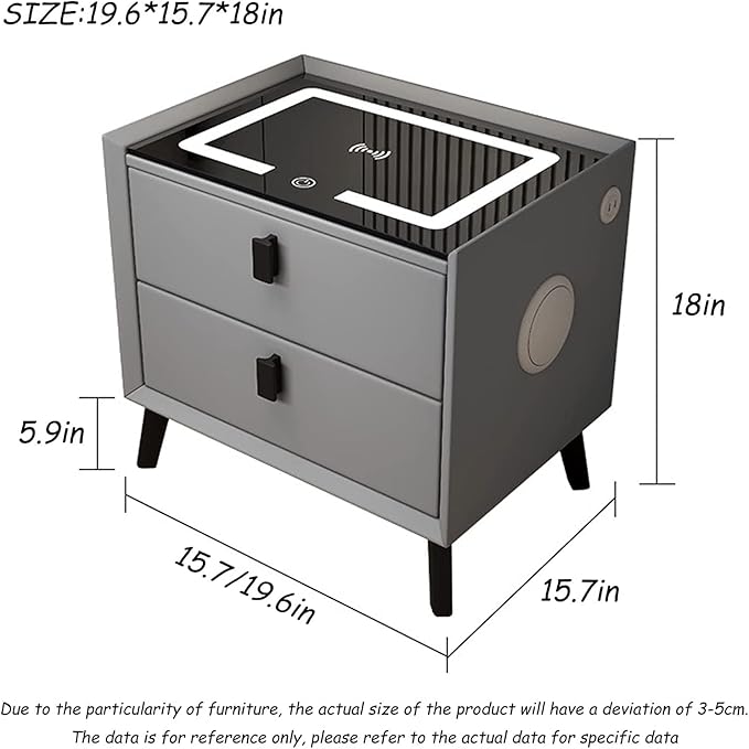 MESA DE NOCHE INTELIGENTE 5 en 1 – Carga Inalámbrica + Huella Dactilar + Bluetooth + Luz LED + Cristal Templado