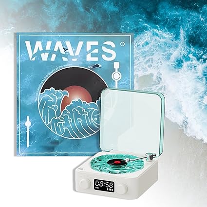 REPRODUCTOR DE VINILO WAVES – Altavoz Bluetooth + Luces RGB + Sonido Oceánico | Diseño Olas Marinas