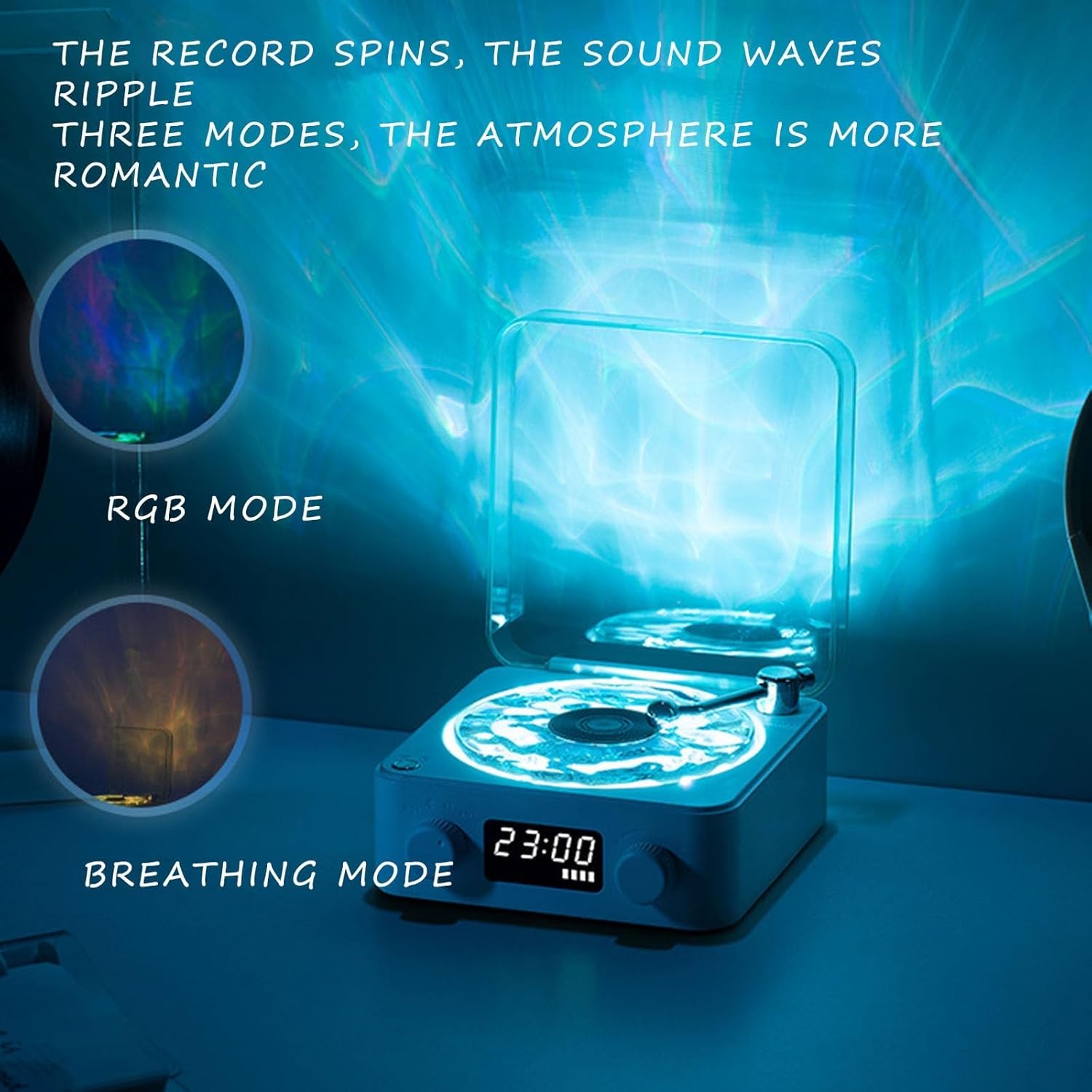 REPRODUCTOR DE VINILO WAVES – Altavoz Bluetooth + Luces RGB + Sonido Oceánico | Diseño Olas Marinas