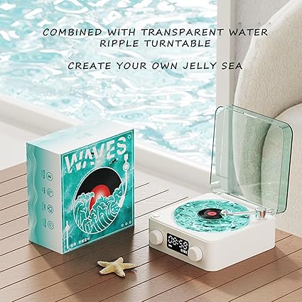 REPRODUCTOR DE VINILO WAVES – Altavoz Bluetooth + Luces RGB + Sonido Oceánico | Diseño Olas Marinas