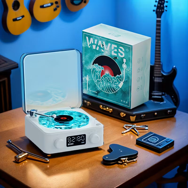REPRODUCTOR DE VINILO WAVES – Altavoz Bluetooth + Luces RGB + Sonido Oceánico | Diseño Olas Marinas