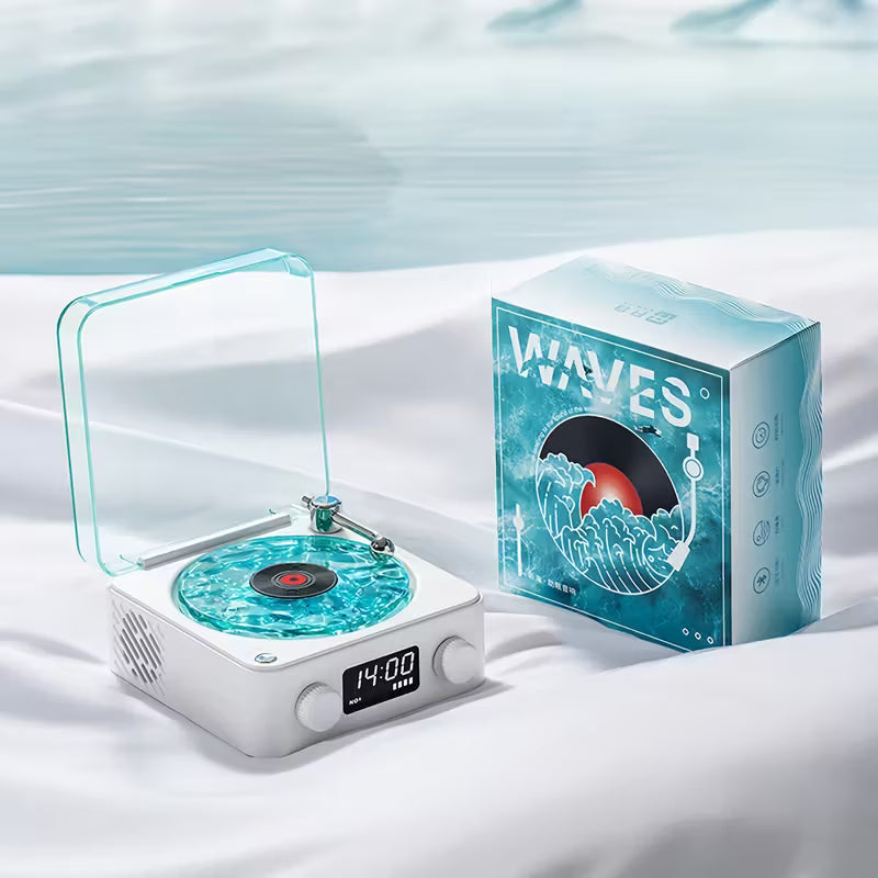REPRODUCTOR DE VINILO WAVES – Altavoz Bluetooth + Luces RGB + Sonido Oceánico | Diseño Olas Marinas