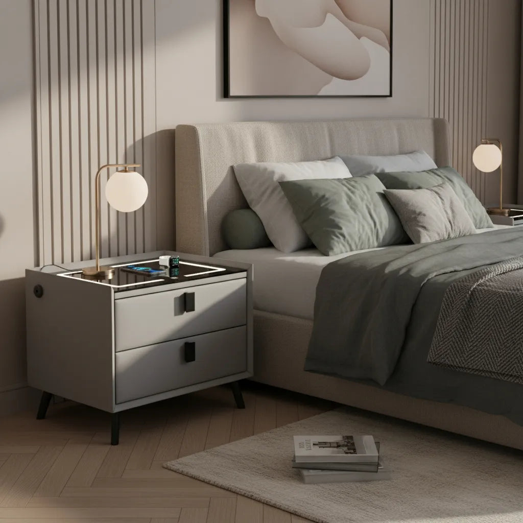 MESA DE NOCHE INTELIGENTE 5 en 1 – Carga Inalámbrica + Huella Dactilar + Bluetooth + Luz LED + Cristal Templado