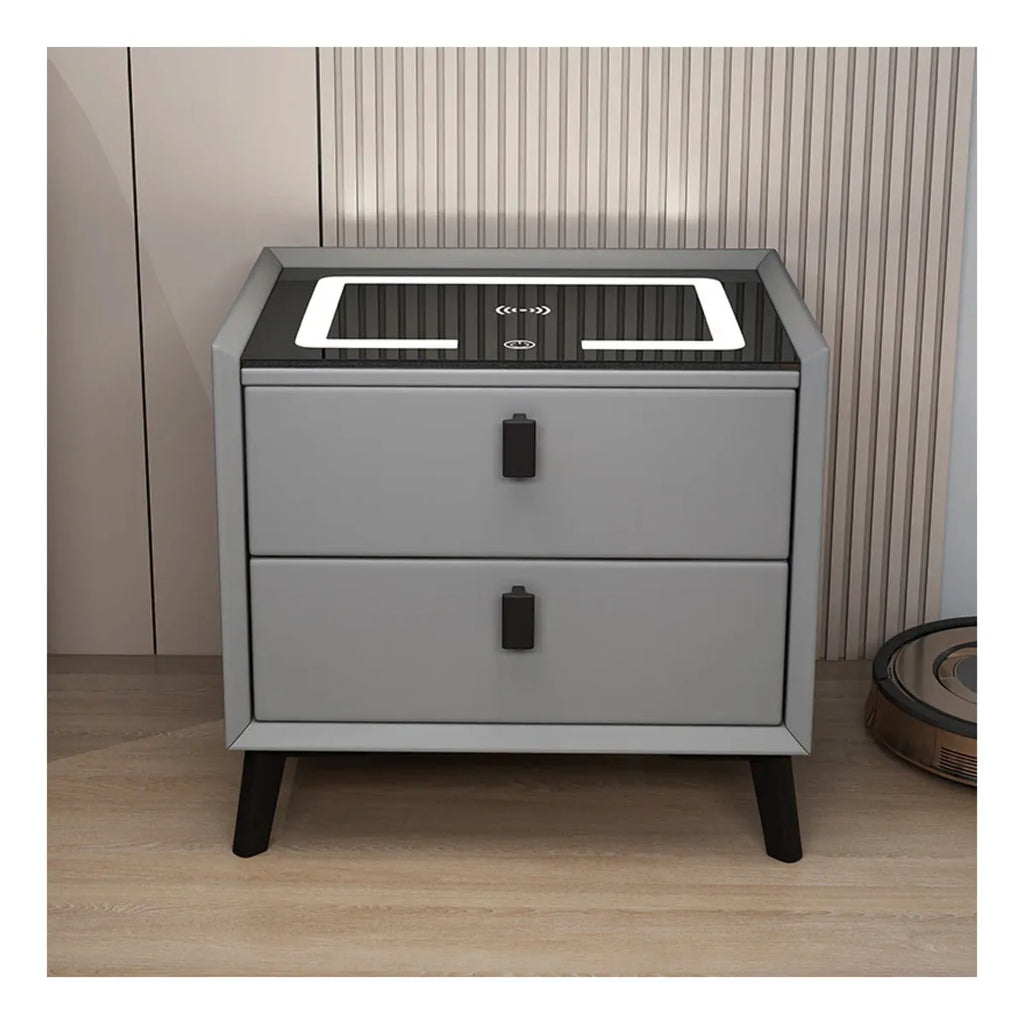 MESA DE NOCHE INTELIGENTE 5 en 1 – Carga Inalámbrica + Huella Dactilar + Bluetooth + Luz LED + Cristal Templado