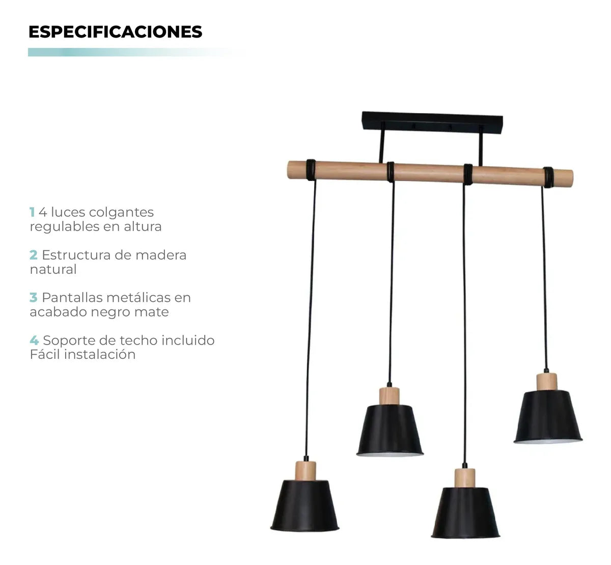 Lámpara Colgante 4 Luces E27 Negra Atikus – Iluminación moderna con estilo natural