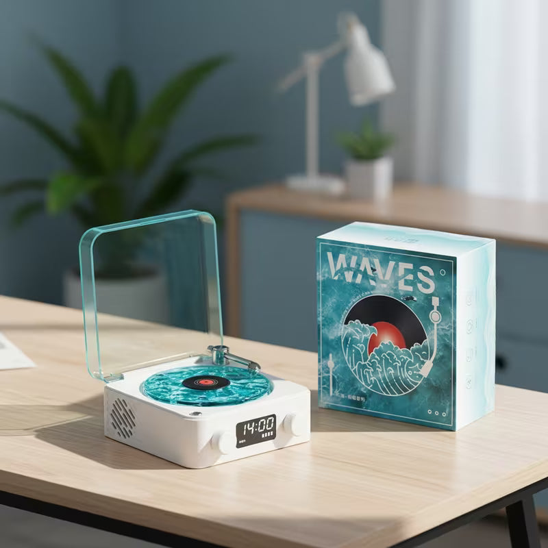 REPRODUCTOR DE VINILO WAVES – Altavoz Bluetooth + Luces RGB + Sonido Oceánico | Diseño Olas Marinas