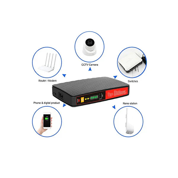 MINI UPS DC 8000mAh para Router, Módem y Cámaras – Respaldo hasta 5 horas | Multivoltaje + PoE + USB